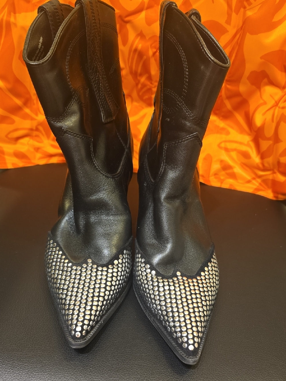 Circus by Sam Edelman Black Pointed-Toe Yolanda Metal Studded Western Booties